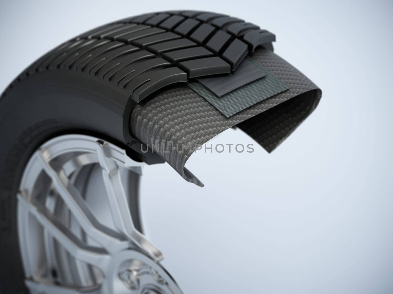 Illustration showing inner structure of car tyre and wheel on gray background. 3D illustration.