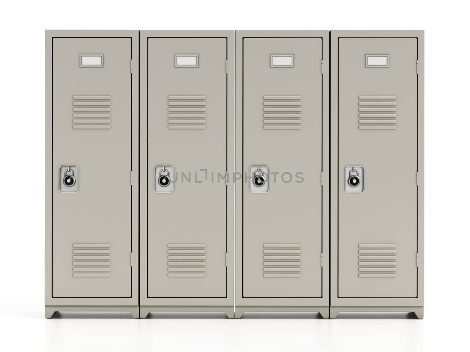 Metal locker storage cabinets for school, fitness club or gym isolated on white background. 3D illustration.