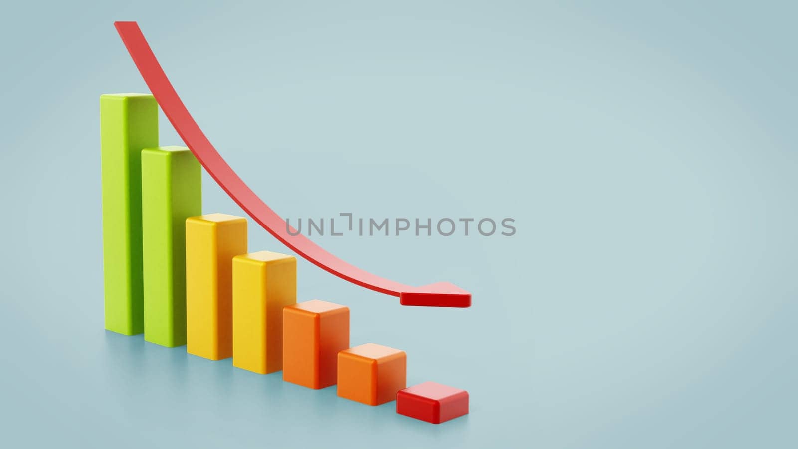 Stat bars and falling arrow showing a downward trend. 3D illustration.