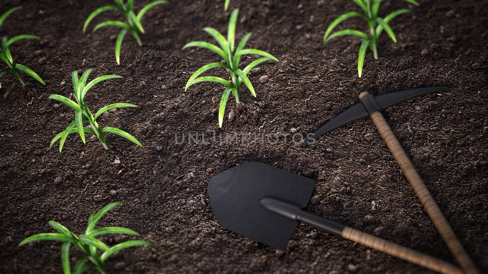 Shovel and pick axe standing on the earth. 3D illustration.