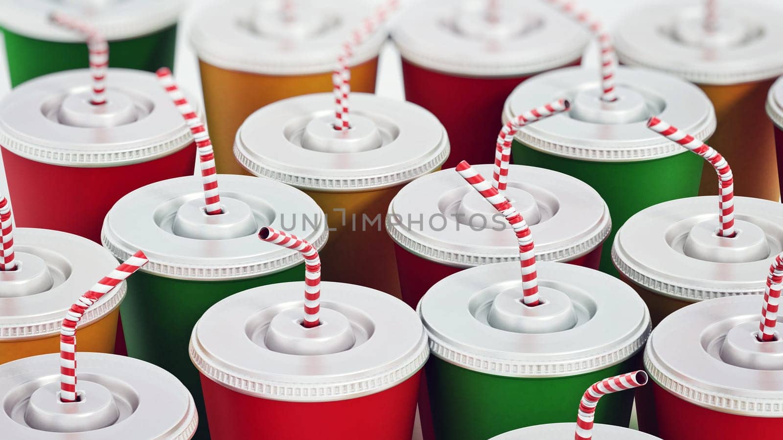 Group of soda cans with straws. 3D illustration.