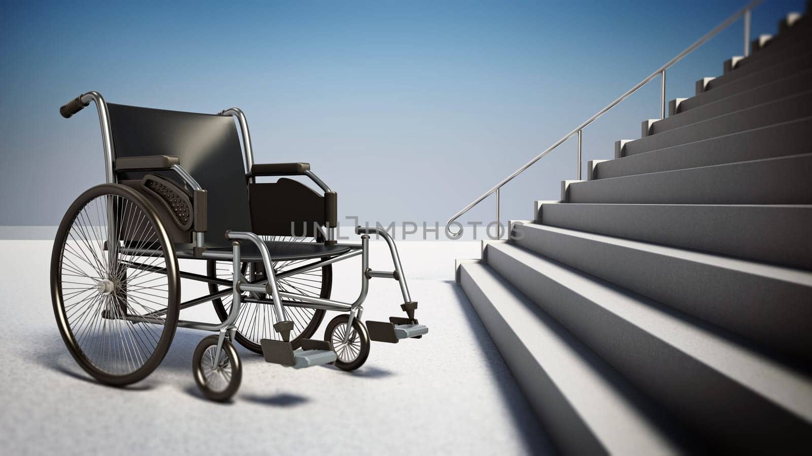 Empty wheelchair standing in front of steep staircase. 3D illustration.
