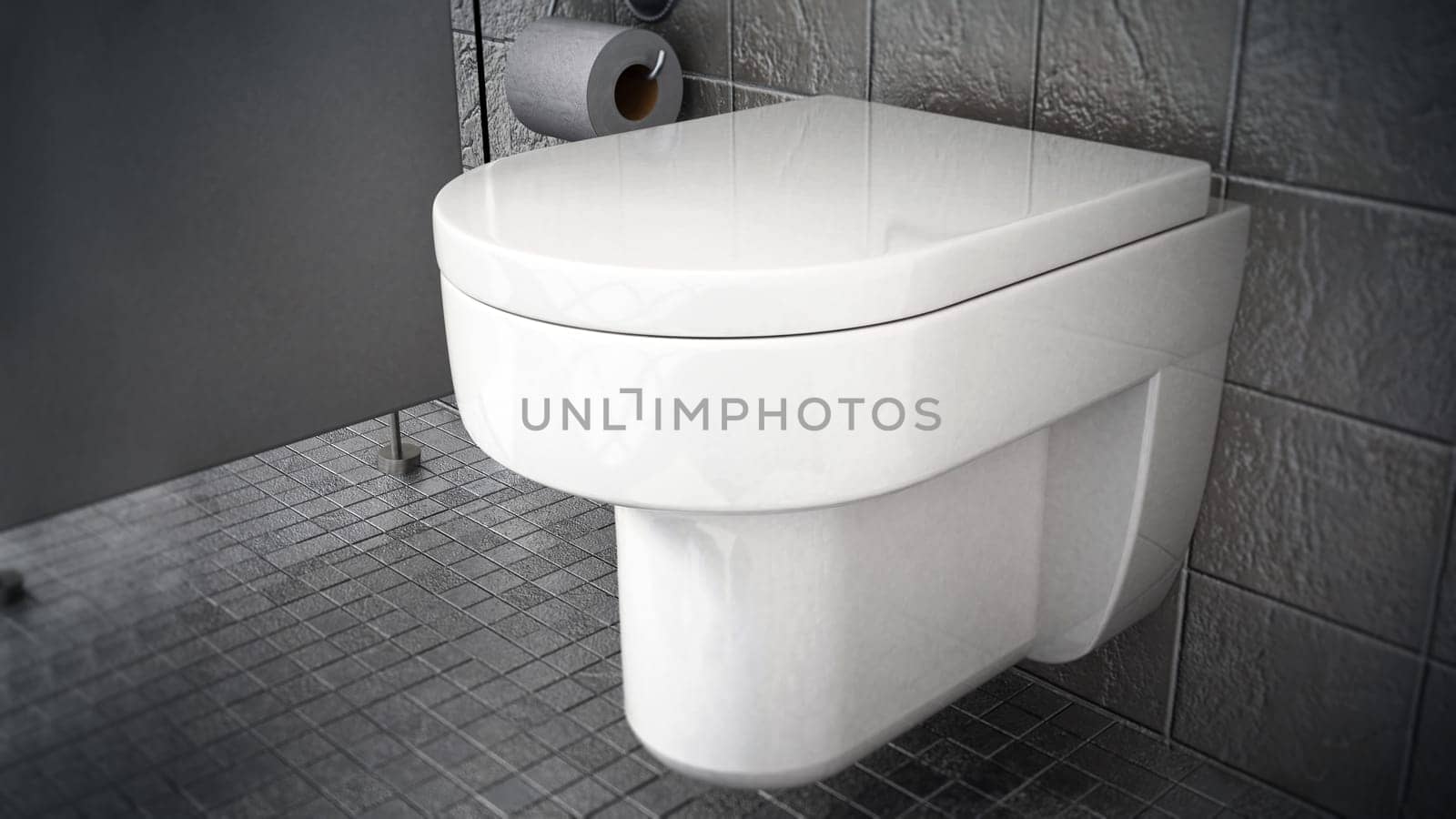 Modern toilet inside restroom covered with gray stones. 3D illustration.