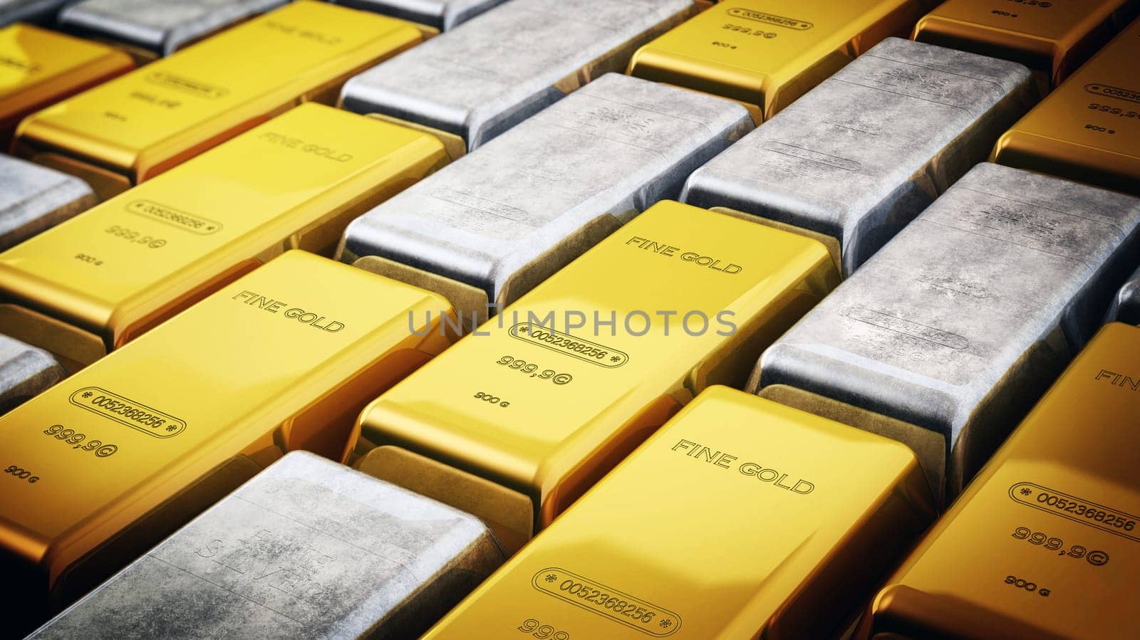 Stack of gold and silver ingots.. 3D illustration.