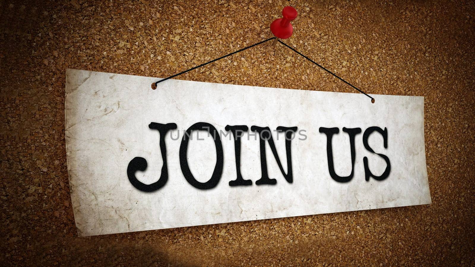Join us text and paper on corkboard. 3D illustration.