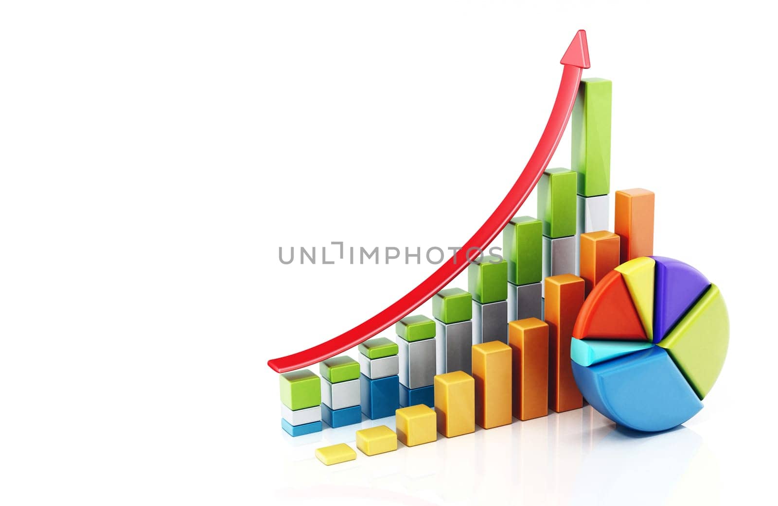 Rising sale bars and pie chart showing financial data. 3D illustration.