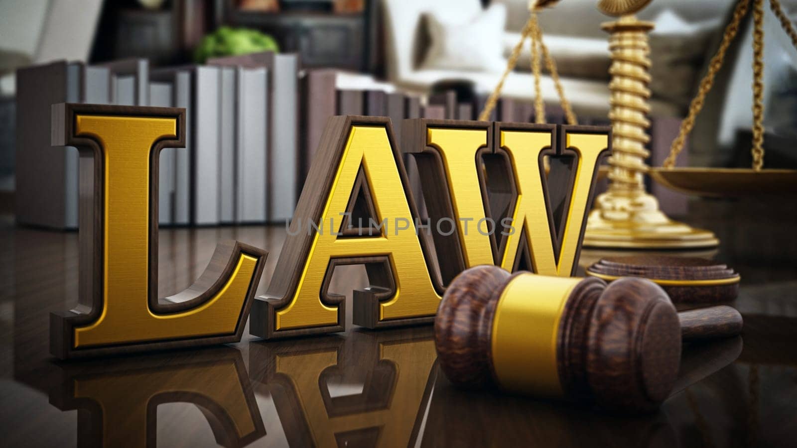 Law word, gavel and balanced scale on wooden table. 3D illustration.