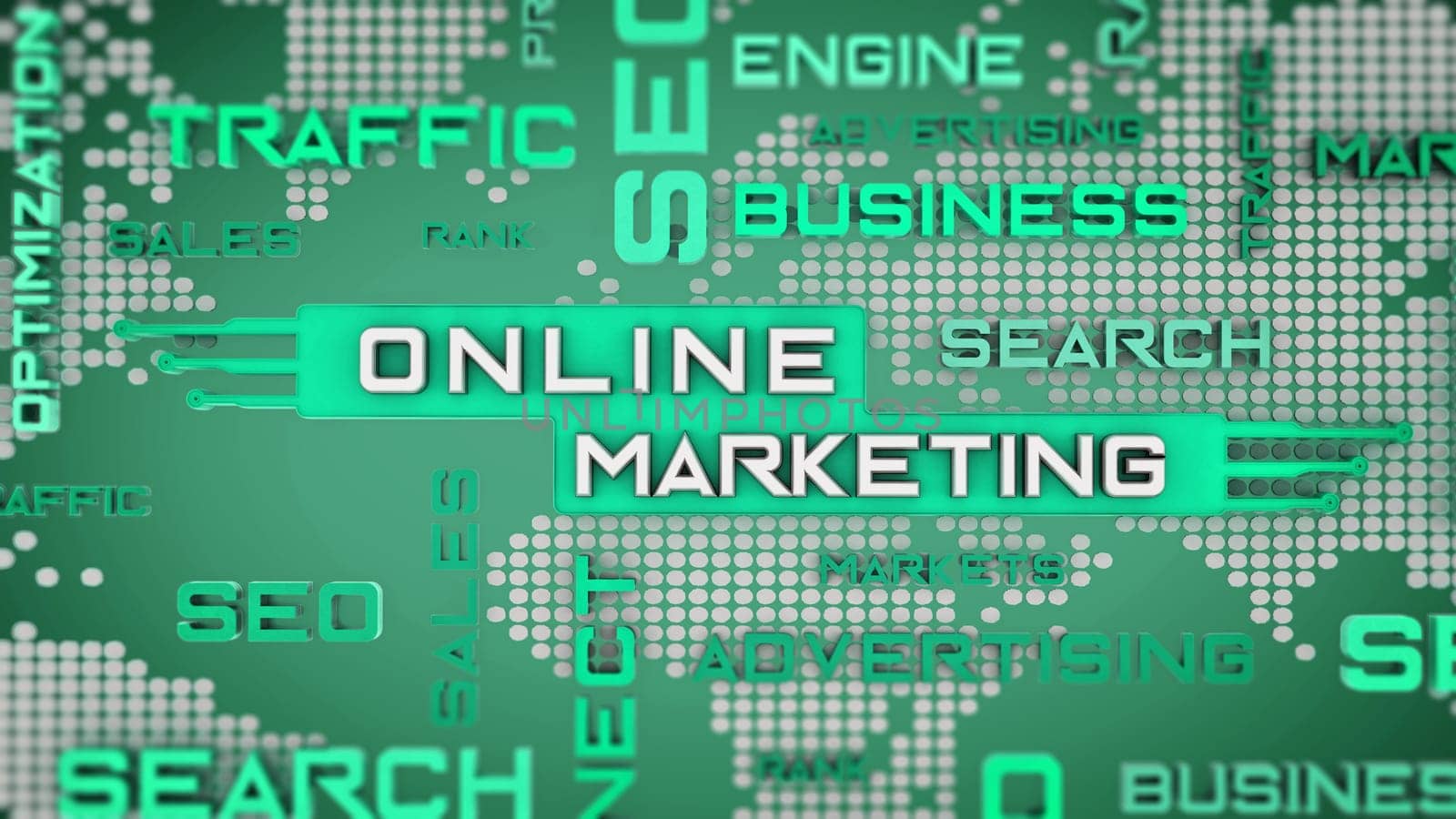 Online marketing crossword with world map background. 3D illustration.