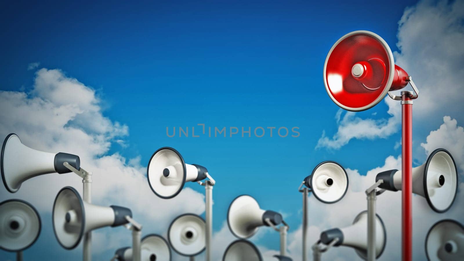 Red megaphone covering higher ground stands out among others. 3D illustration.