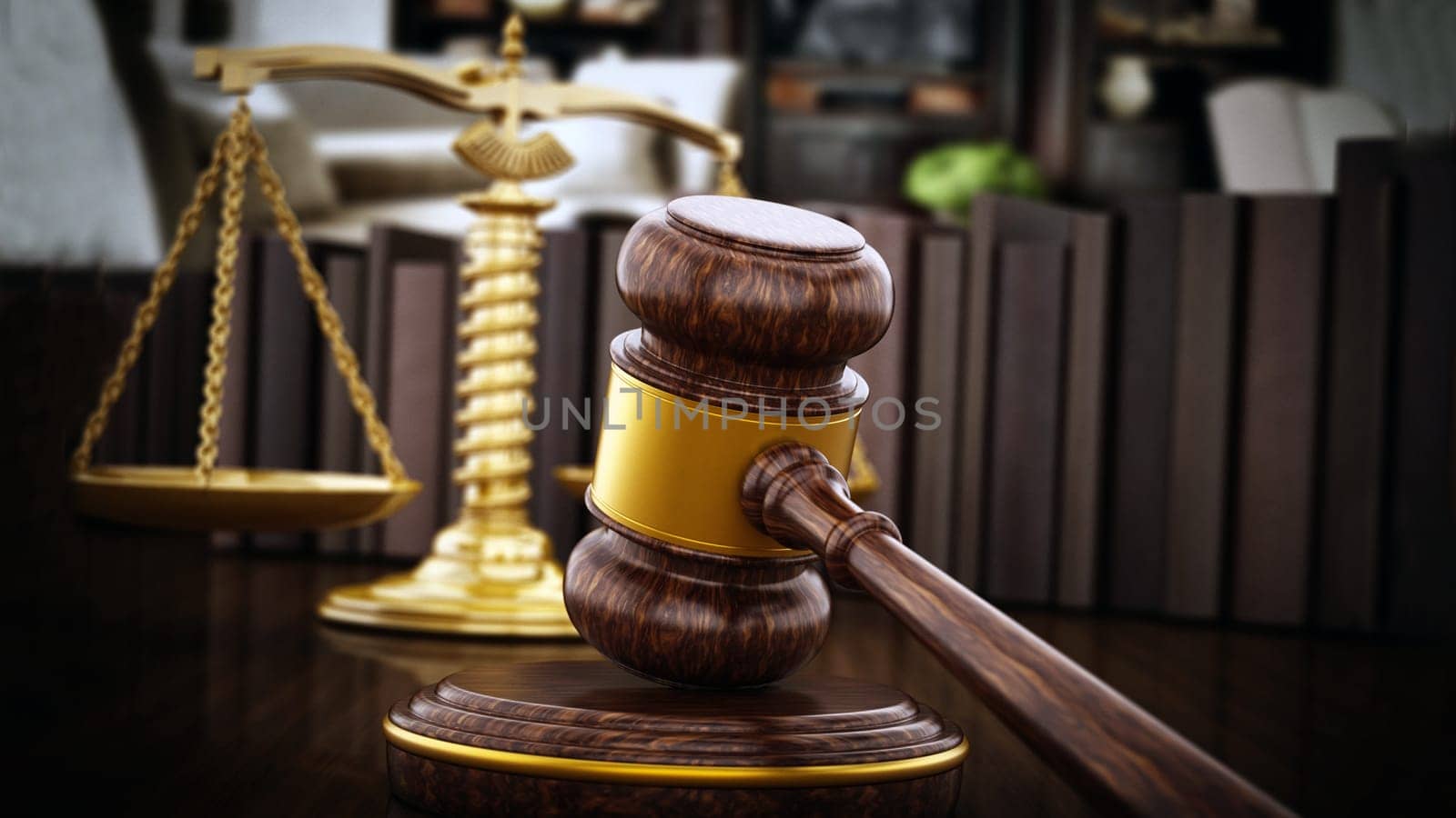 Gavel and balanced scale on wooden table. 3D illustration.