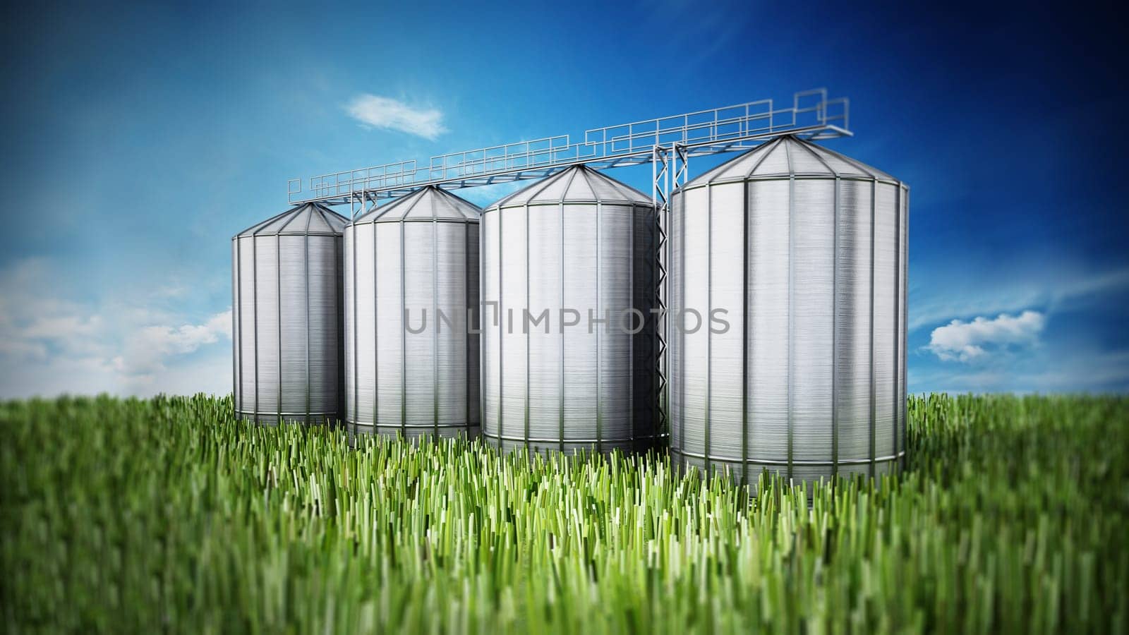 Agriculture grain silos on grass under blue sky. 3D illustration.