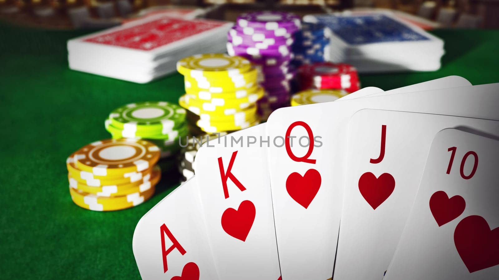 Poker royal flush hand and casino hands standing on poker table. 3D illustration.