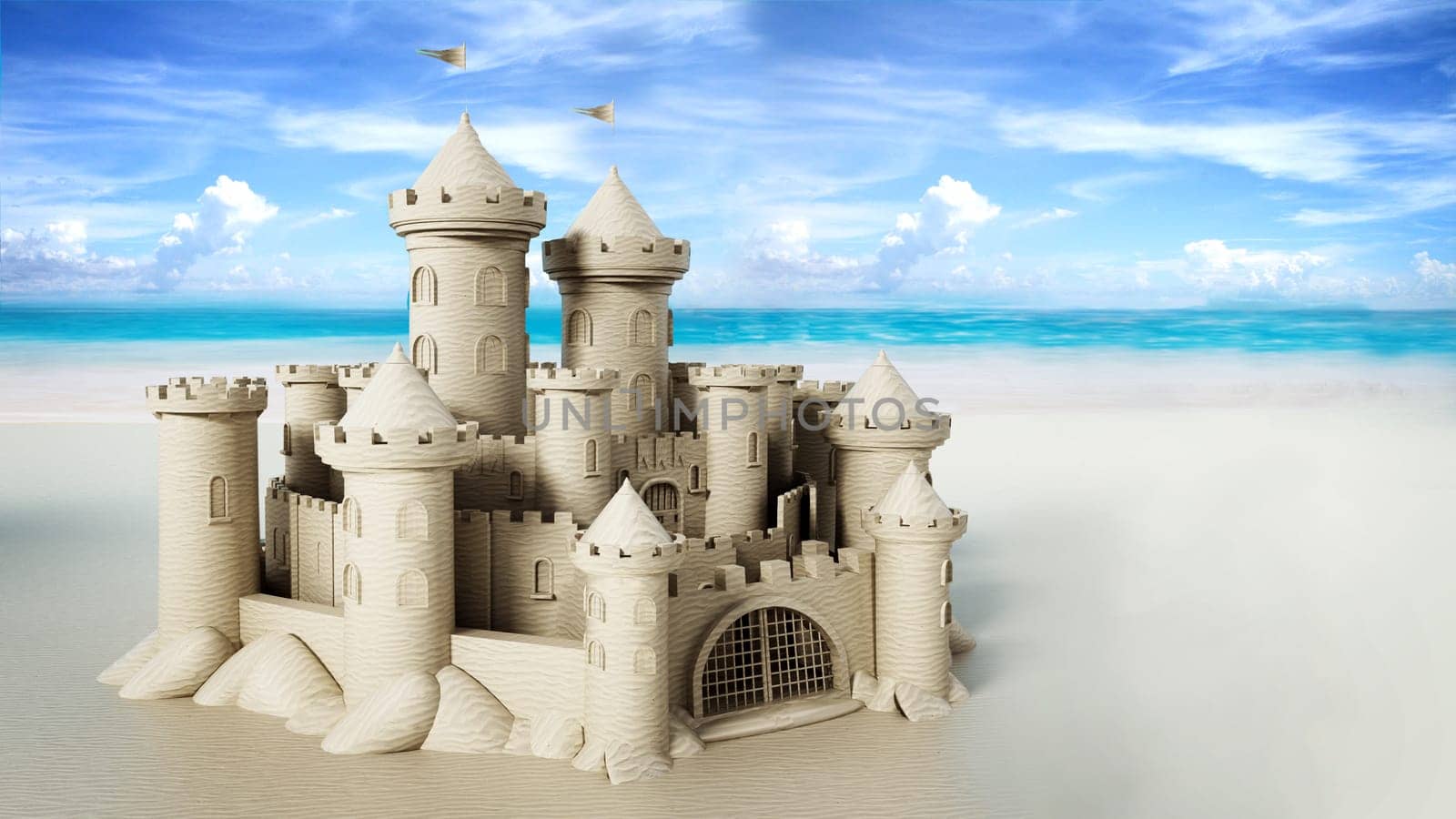 Sand castle built on the sands of a beach. 3D illustration.