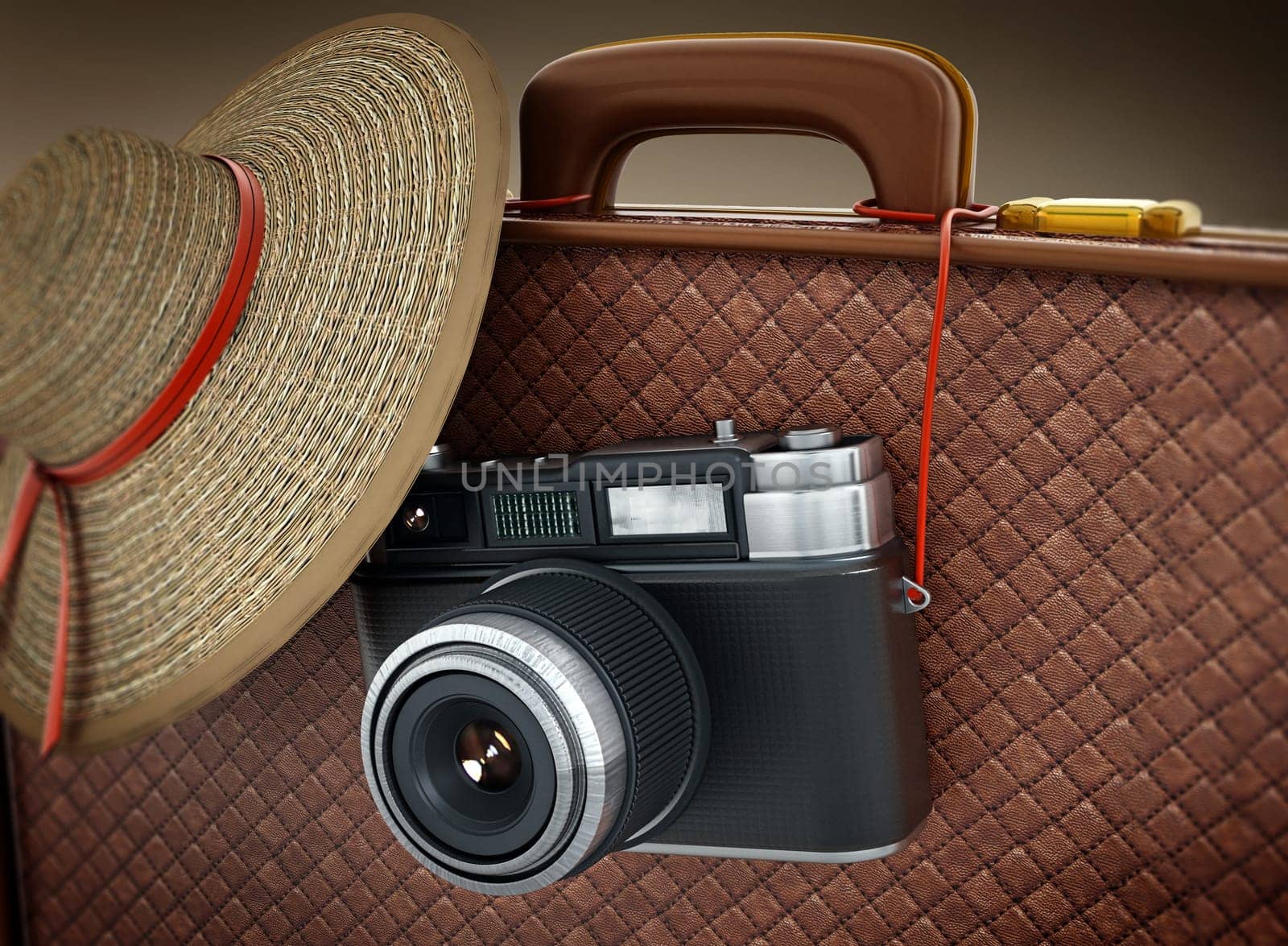 Vintage camera and women's hat hanging on suitcase. 3D illustration.