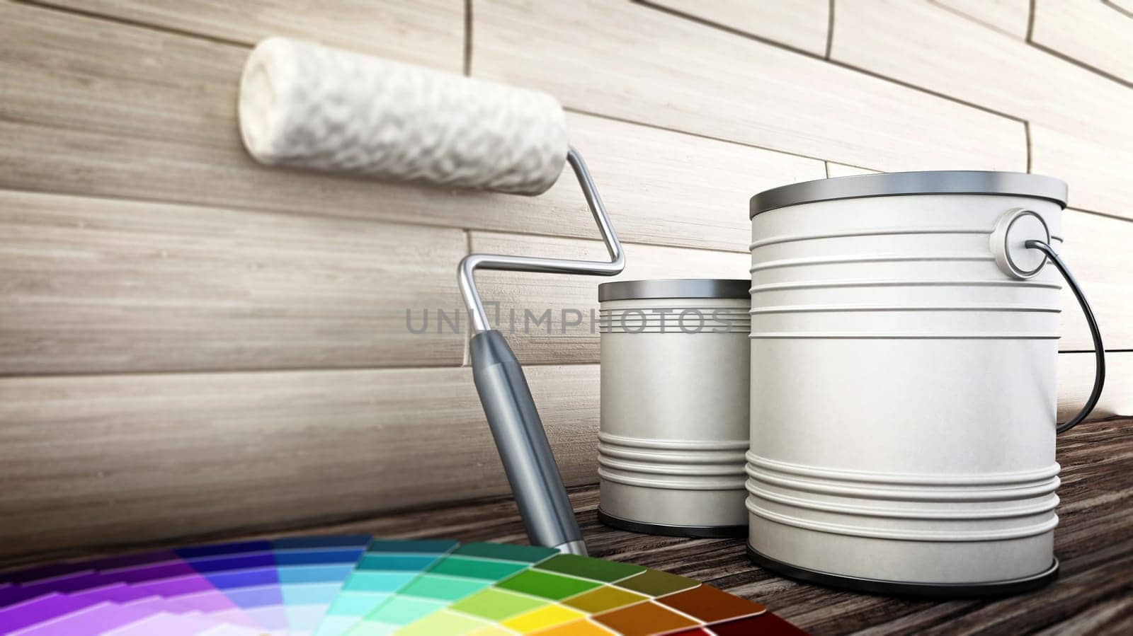 Paint can and roller standing on old wooden floor. 3D illustration.
