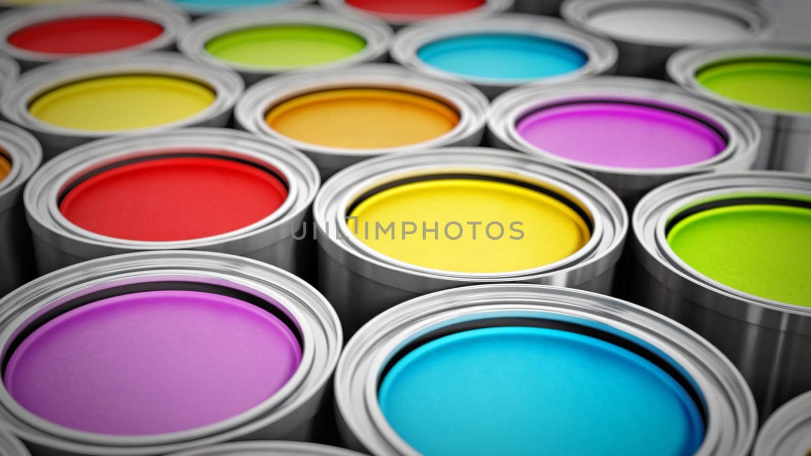 Vibrant colored paint cans background. 3D illustration.