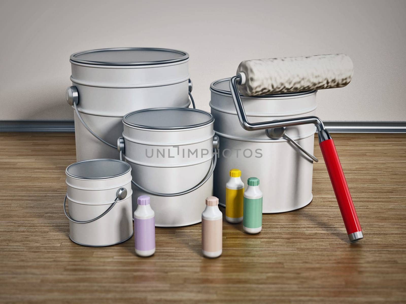 Paint cans, roller and bottles standing on hardwood floor. 3D illustration.