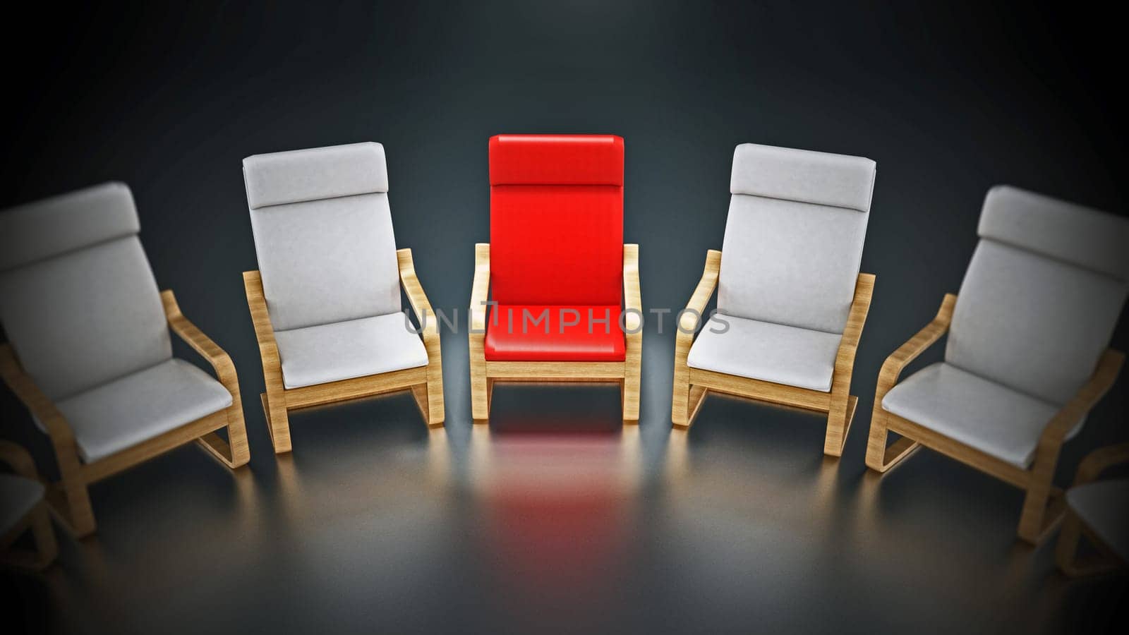 Red modern TV chair standing out among gray chairs. 3D illustration.