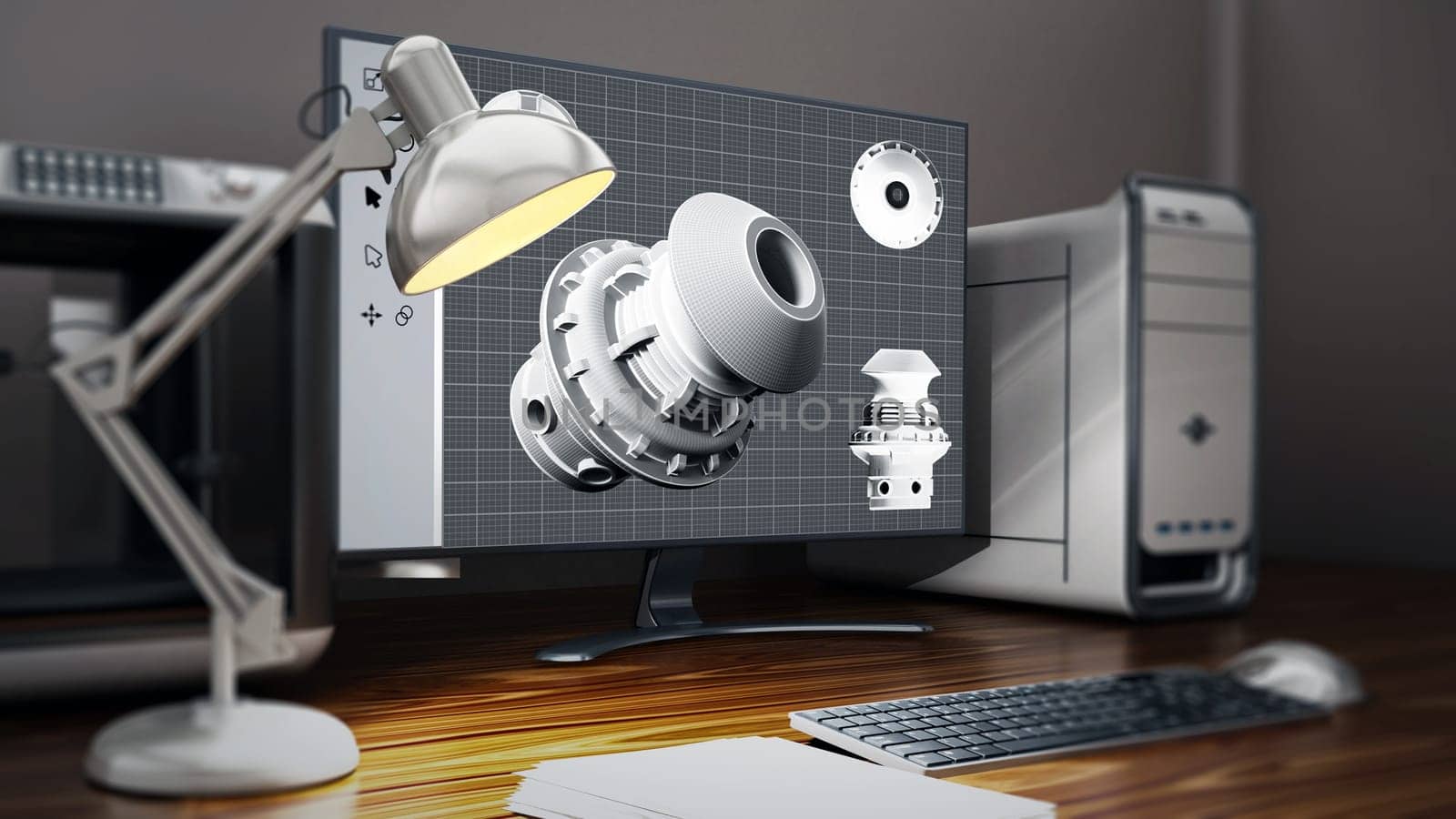 3D printer and desktop computer standing on the table. 3D illustration.