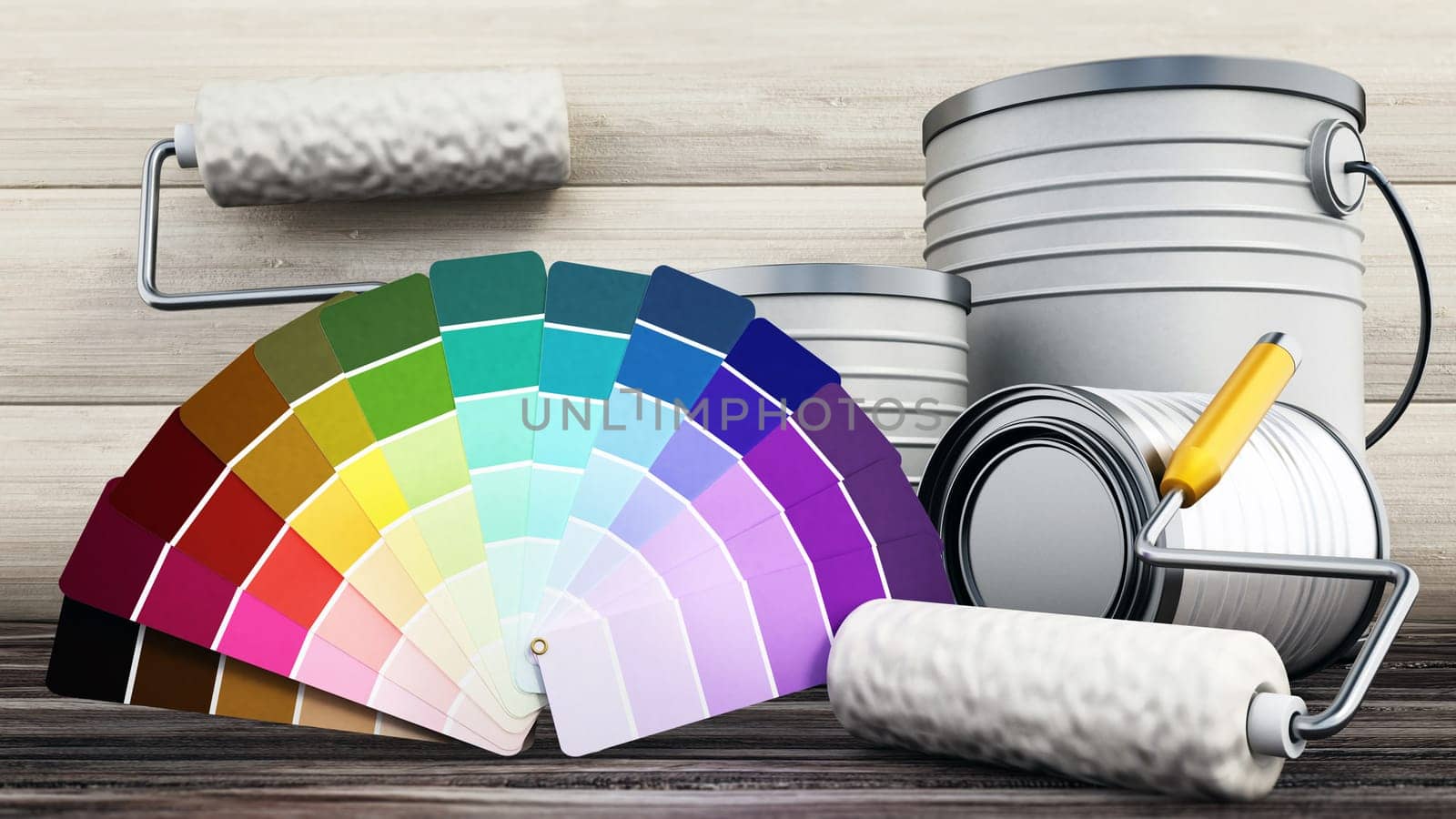 Paint can and roller standing on old wooden floor. 3D illustration.