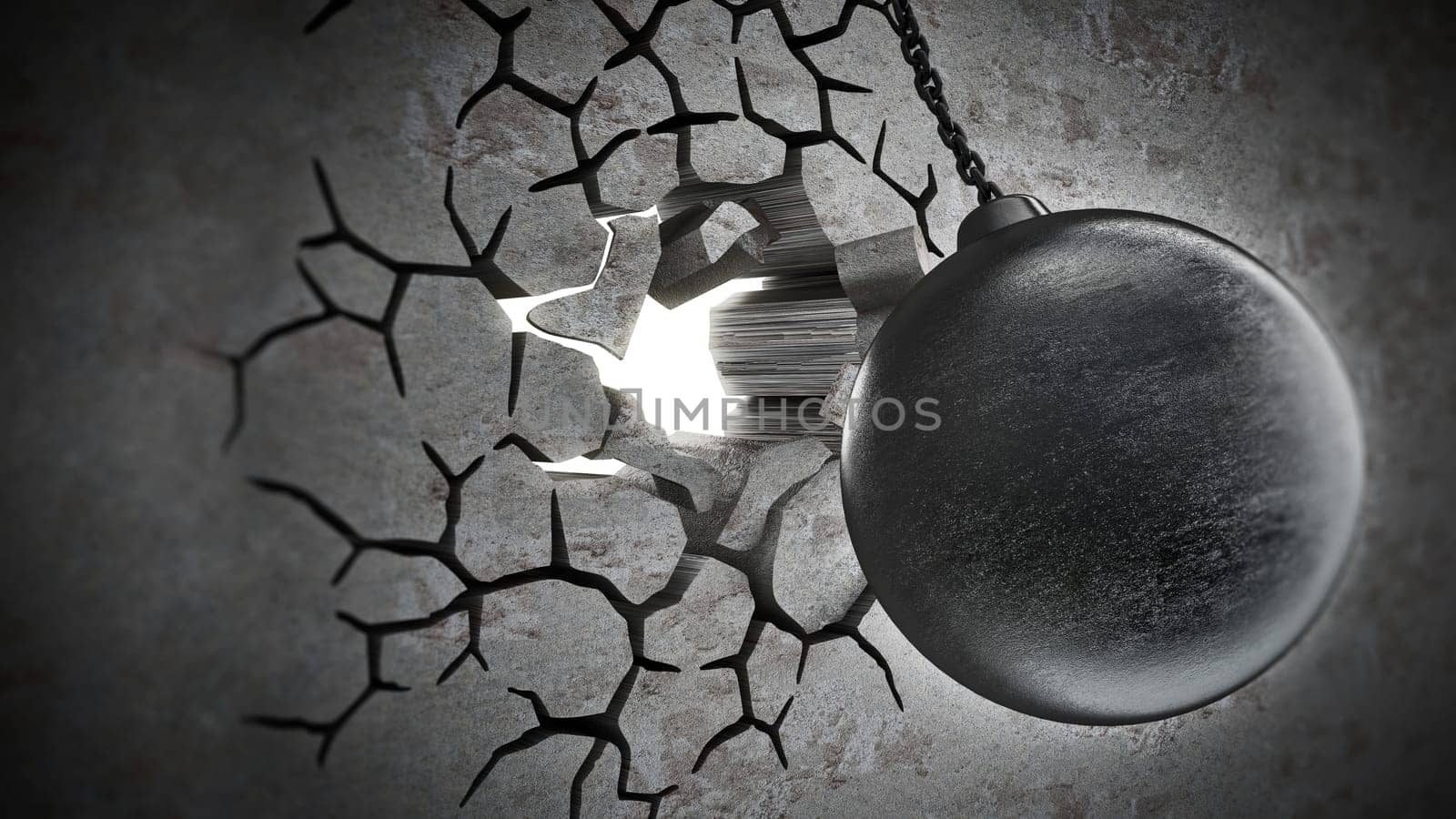 Wrecking ball demolishes old wall. 3D illustration.