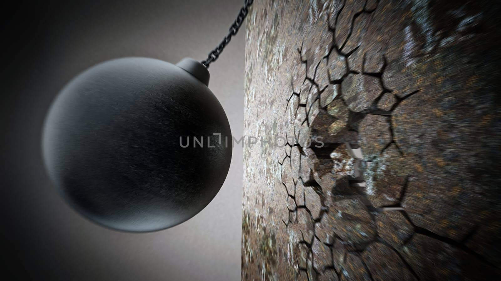 Wrecking ball demolishes old wall. 3D illustration.