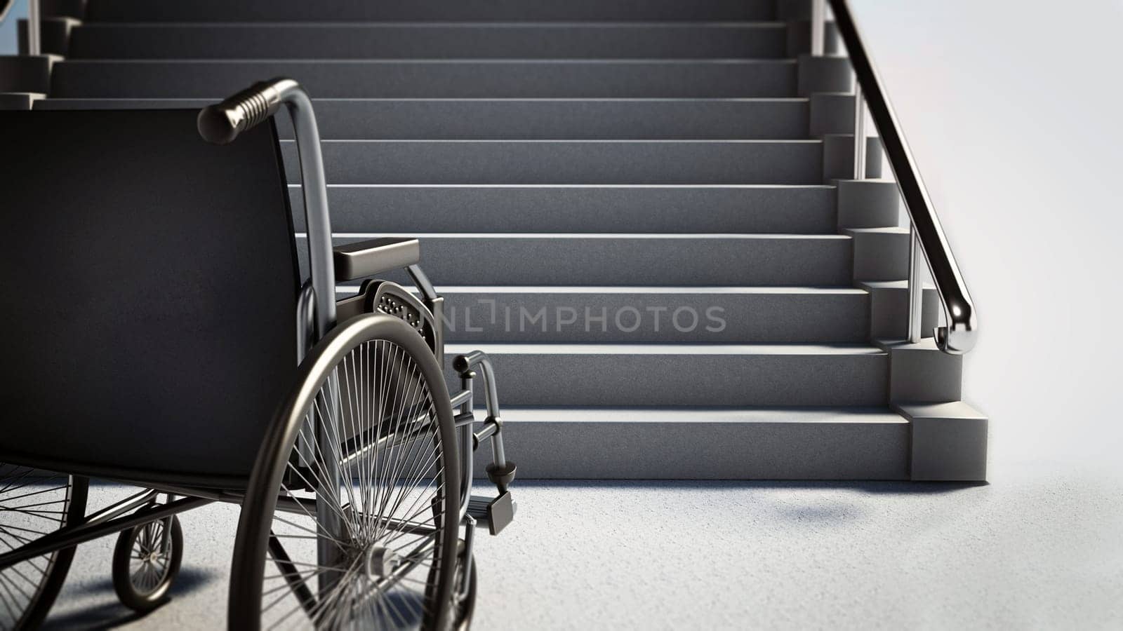 Empty wheelchair standing in front of steep staircase. 3D illustration.