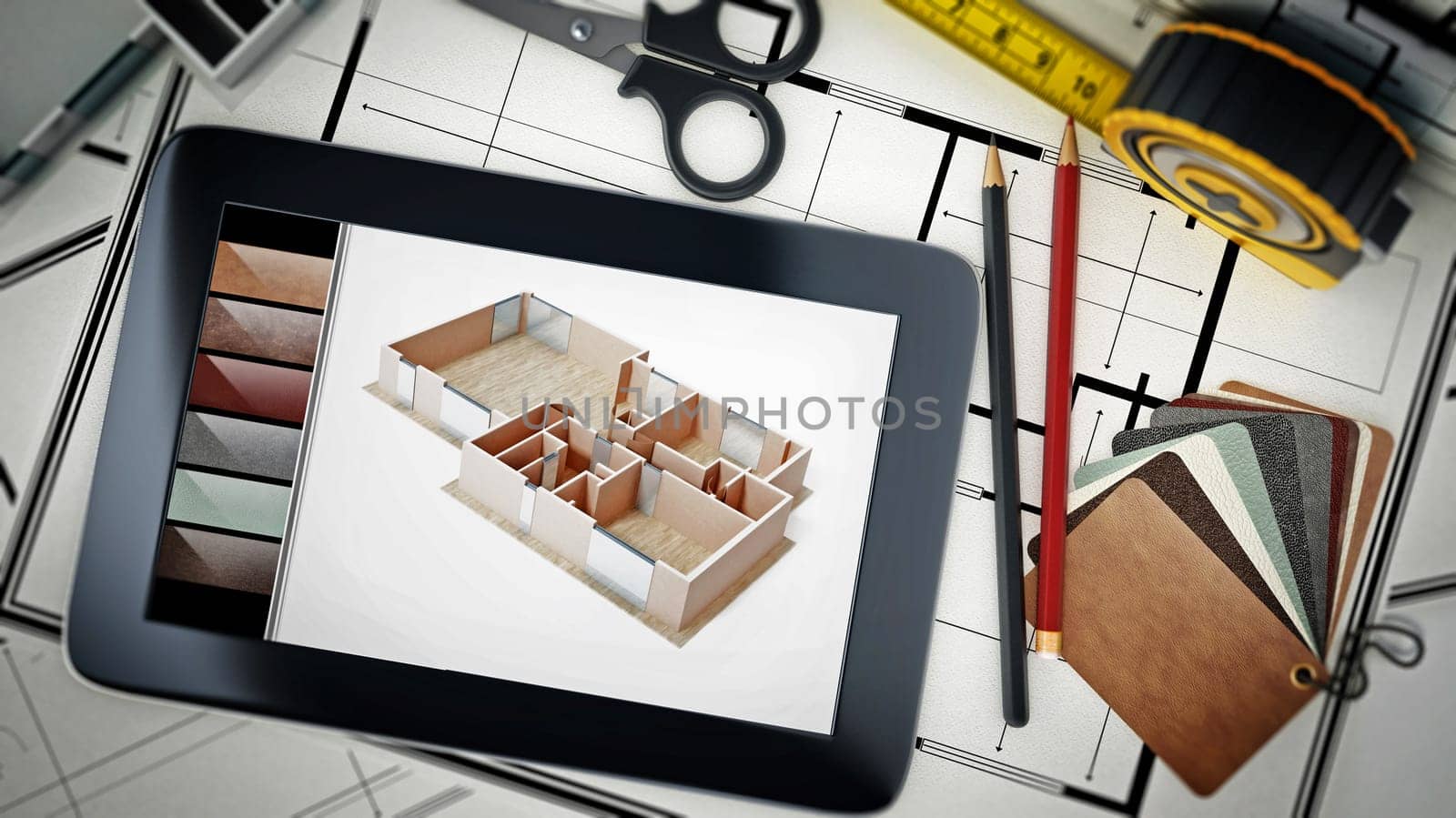 Home decoration tools standing on housebluprints. 3D illustration.