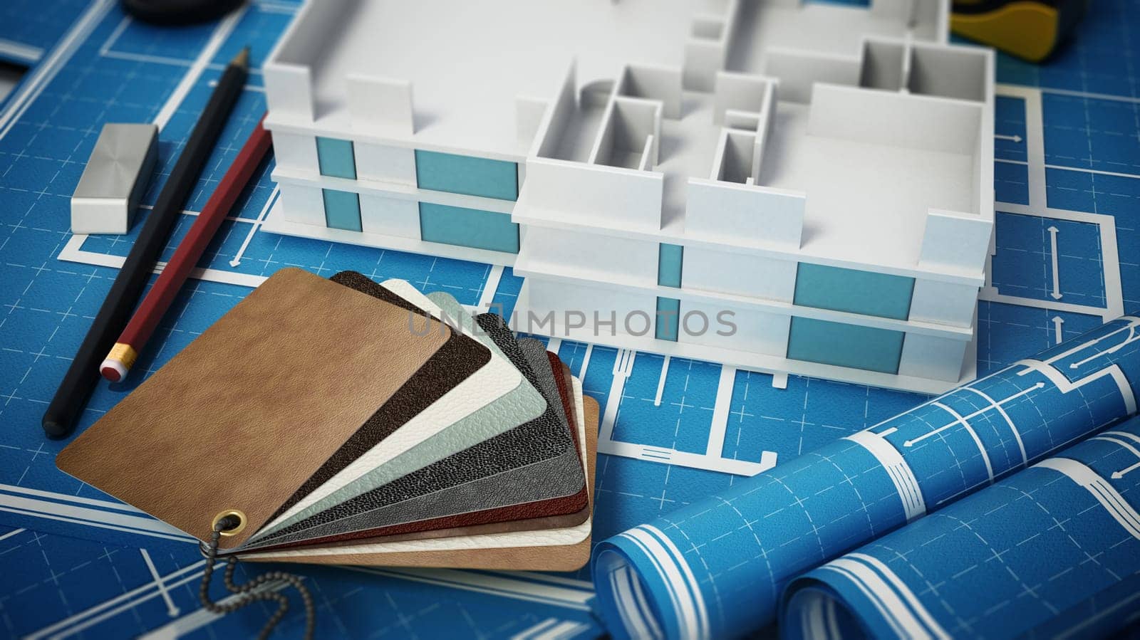 Home decorating tools standing on house bluprints. 3D illustration.