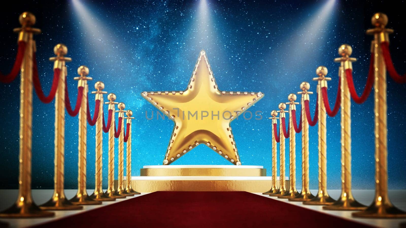 Star, red carpet and velvet ropes against night background. 3D illustration.