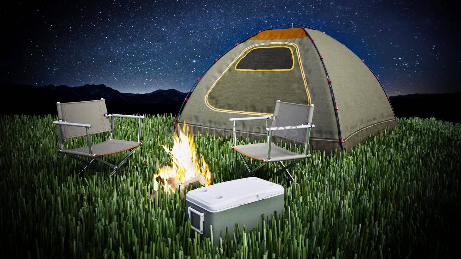 Camping tent, seats, fire and cooler on night background. 3D illustration.