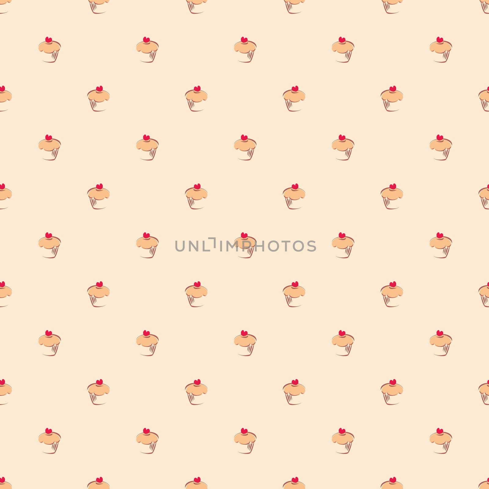Seamless vector pattern or texture with little cupcakes, muffins, sweet cake and red heart on top. Background with sweets for card, invitation, valentines, wallpaper, desktop or culinary blog website