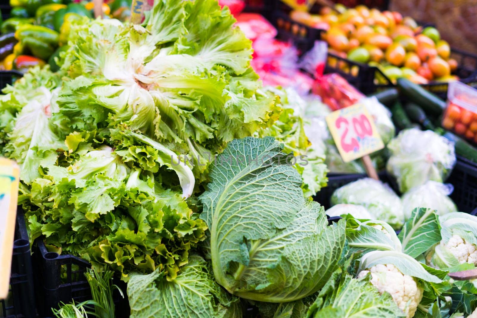 Cabbage vegetables for sale in an open air farmers market, Italy