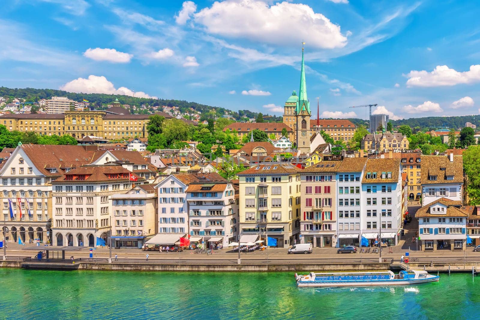 Aerial view on the Preacher's Church Tower and promenade of  Zurich, Switzerland.