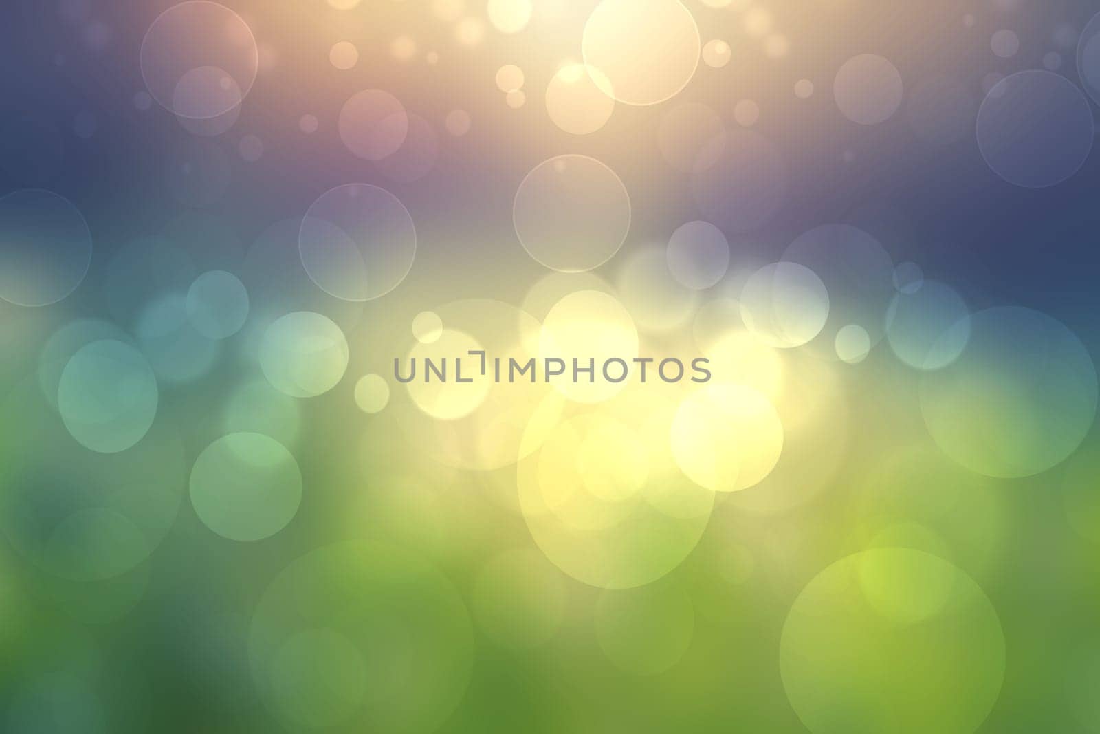 Abstract sunset illustration. Abstract evening or sunset mood background texture with blue and gold colored bokeh lights and green yellow landscape. Beautiful sunset.