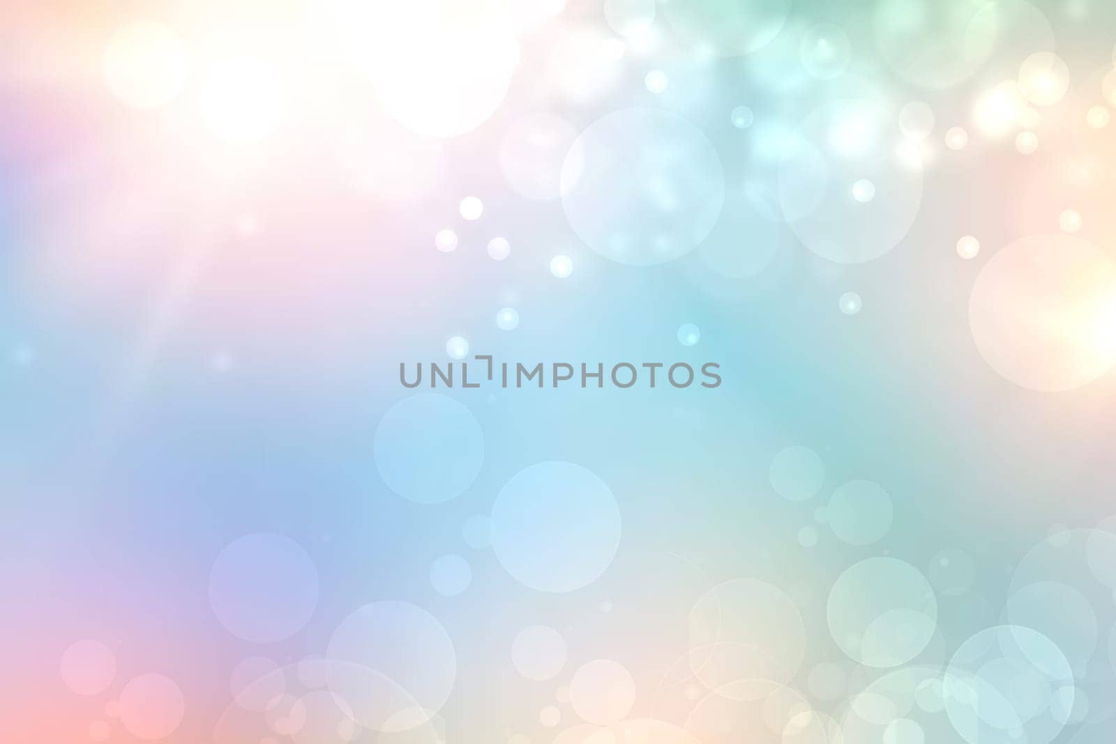 Abstract blurred fresh vivid spring summer light delicate pastel yellow pink orange turquoise bokeh background texture with bright circular soft color lights. Beautiful backdrop illustration.