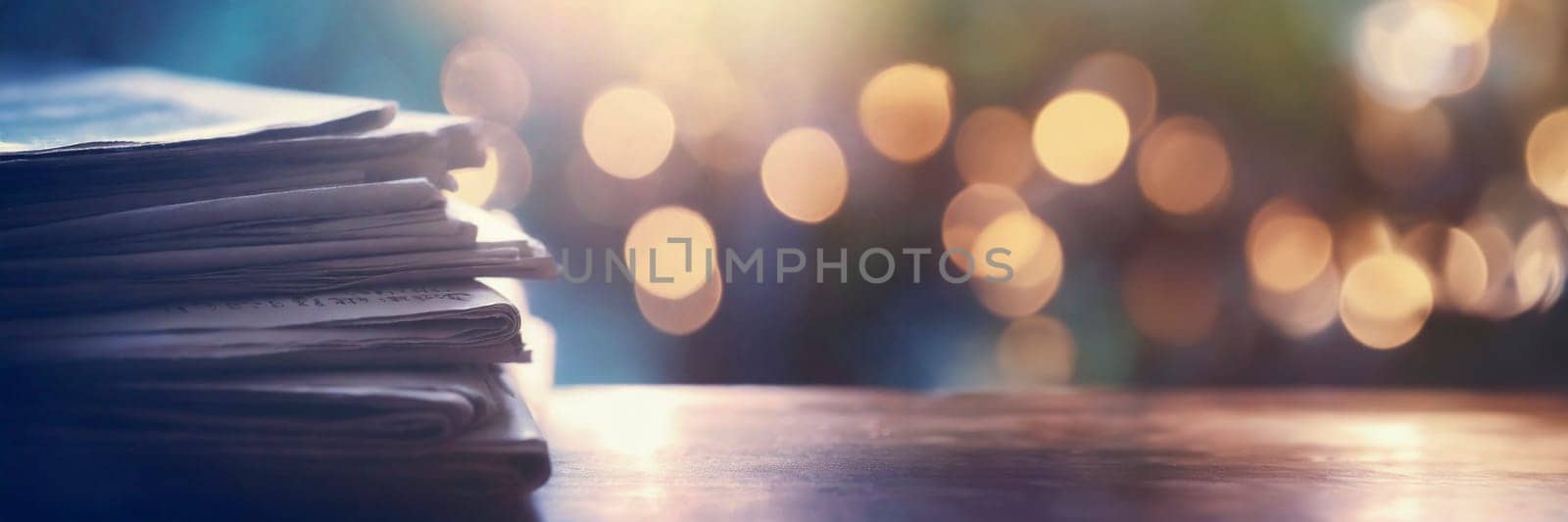 Stack of newspapers on the table in the morning light. Selective focus. Media news concept. AI generated