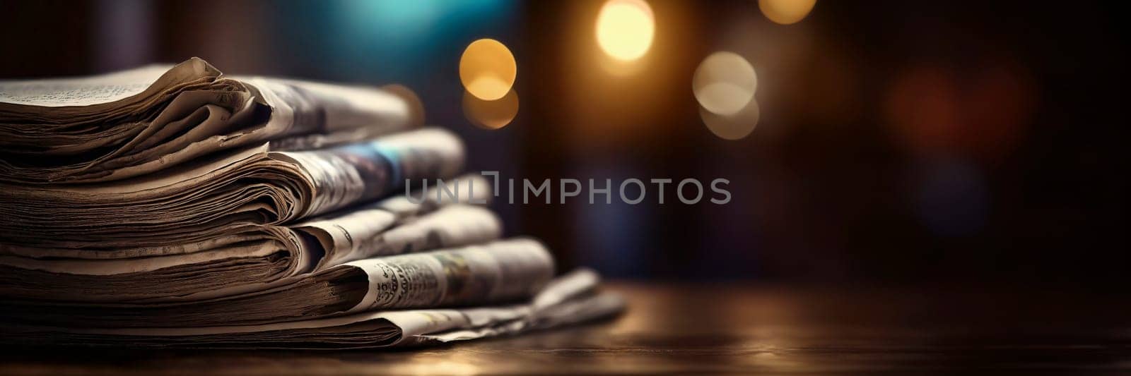Stack of newspapers on the table in the morning light. Selective focus. Media news concept. AI generated