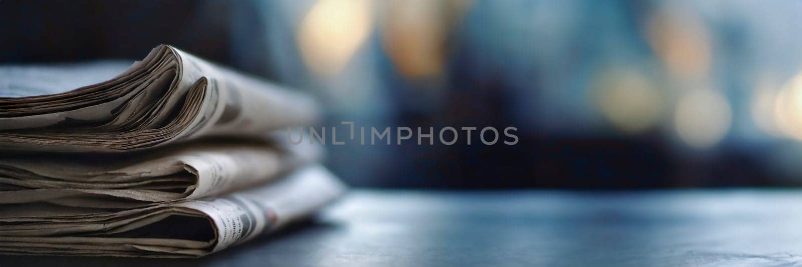 Stack of newspapers on the table in the morning light. Selective focus. Media news concept. AI generated
