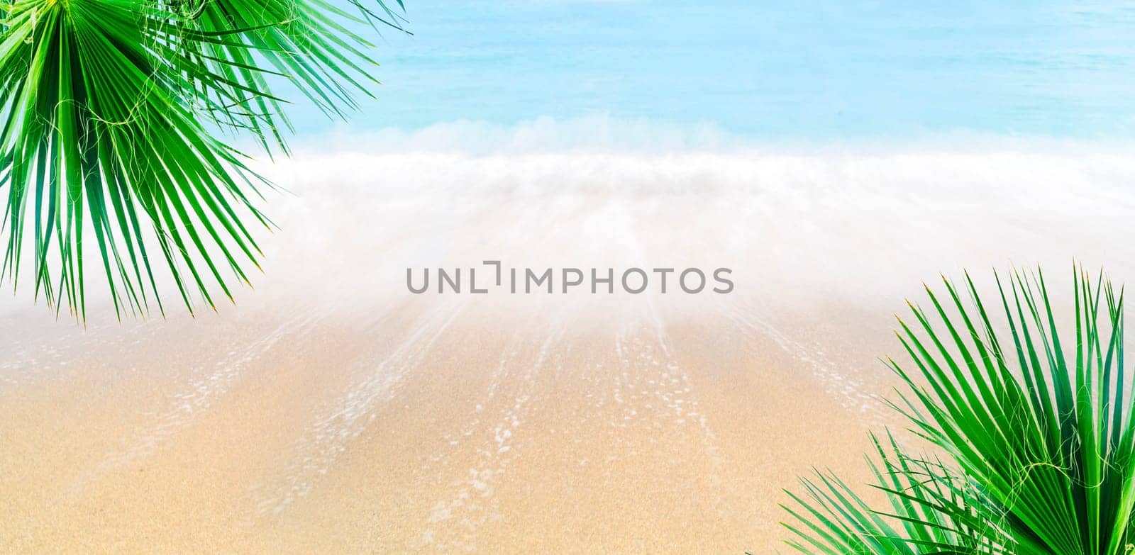 Summer holiday travel background design. Sand and sea landscape with palm tree. Tropical sandy beach with sea waves banner.