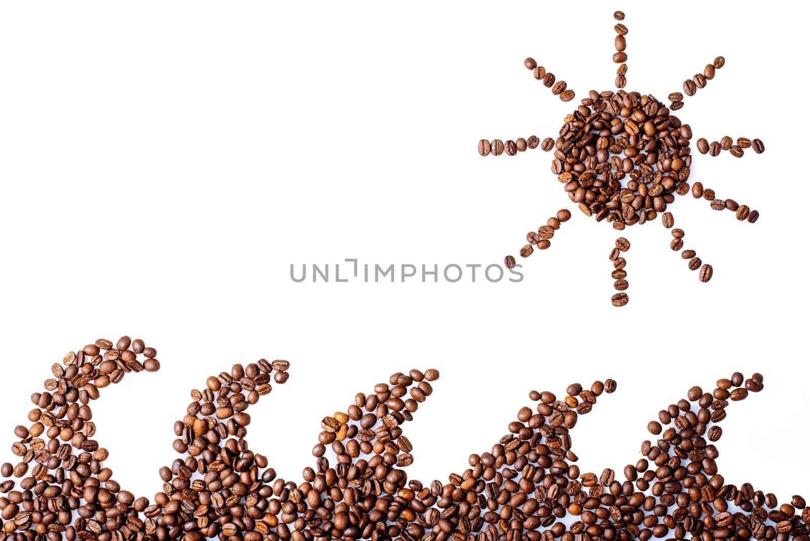 Creative coffee beans flat lay isolated on white background. Sun and sea waves summer coffee concept design. Cafe restaurant menu layout.