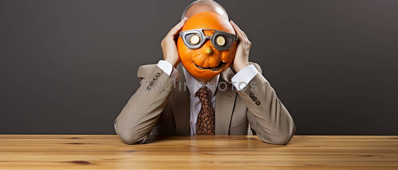 A man wearing a suit and tie, his eyes covered by a pumpkin mask.
