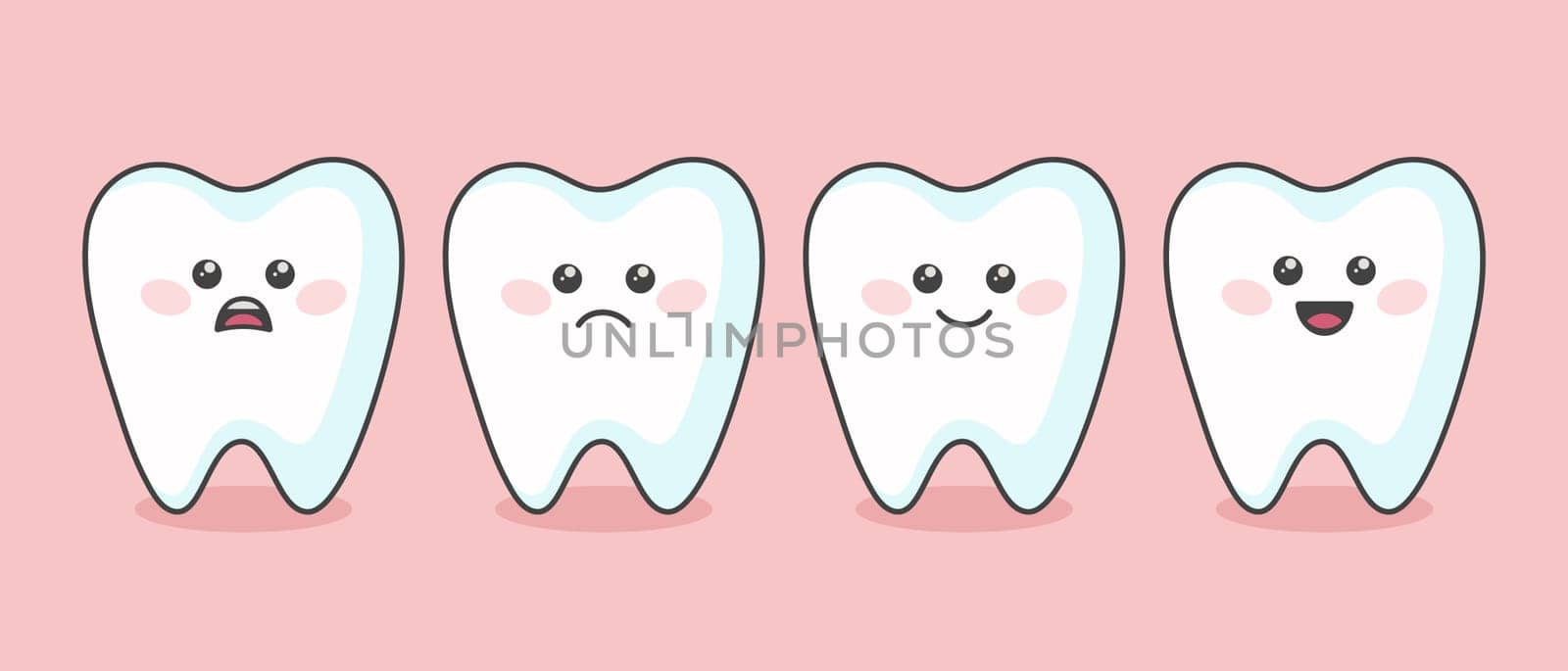 Flat Cartoon Vector Tooth Set with Different Emotions and Face Expressions. Happy, Sad, Smiling Teeth. Dental Inspection Banner. Tooth Character, Kawaii Style. Medical, Dentist, Dental Health Concept.