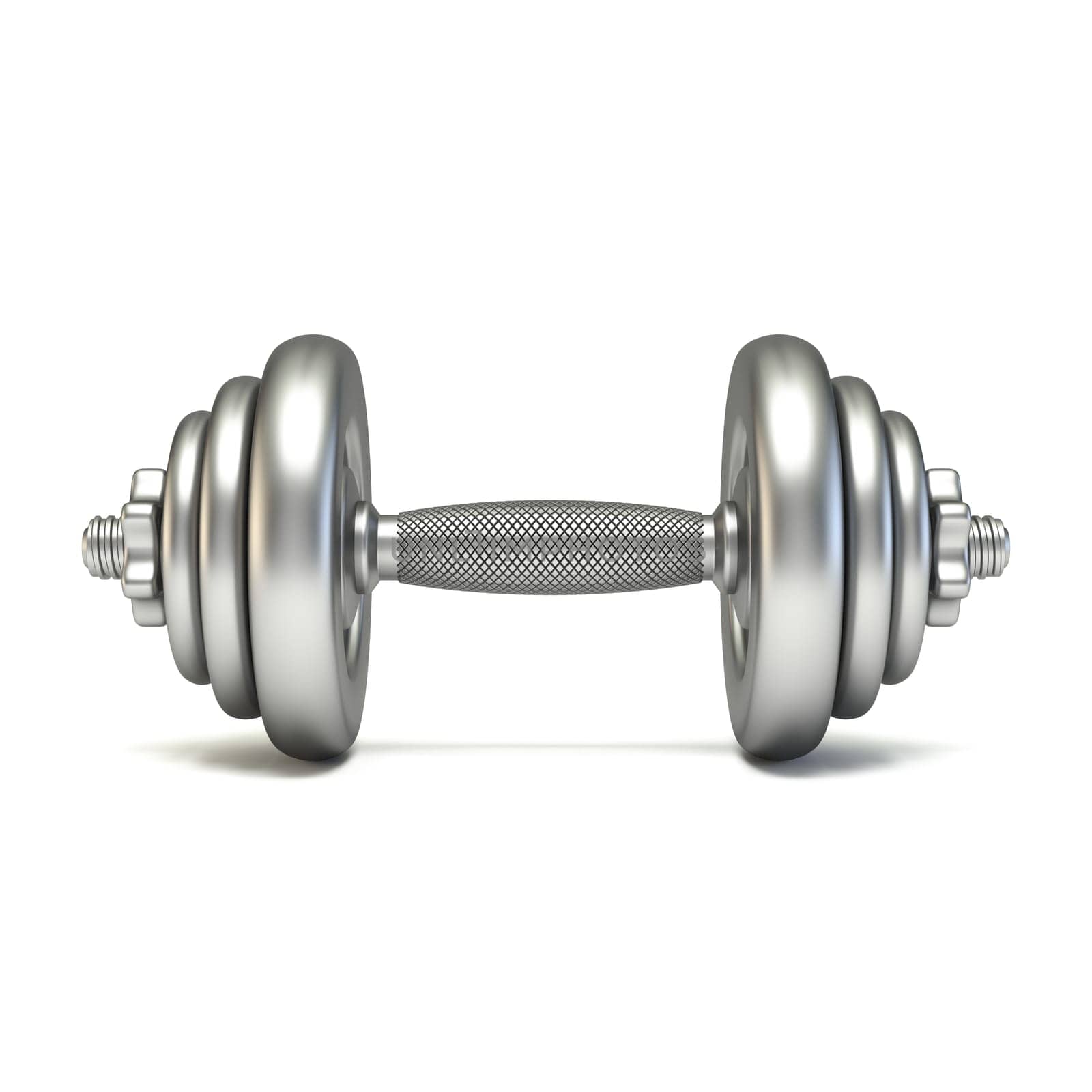 Stainless steel dumb bell Front view 3D rendering illustration isolated on white background