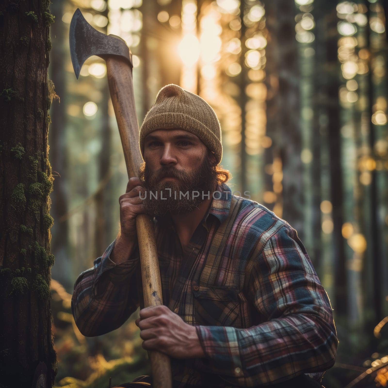 A contemplative bearded man holds an axe in the forest, with the sun setting behind the serene woodland