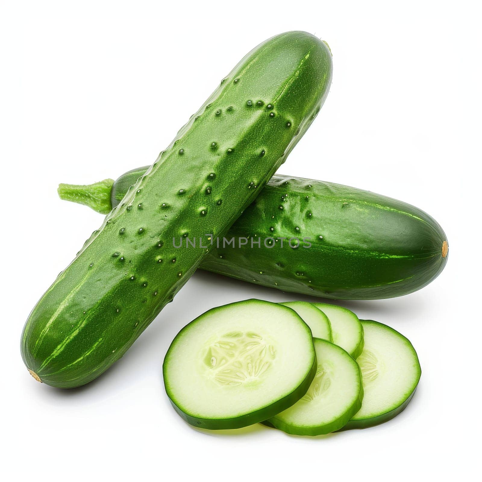 A whole cucumber and several slices of cucumber arranged neatly on a plain white background - isolated raw food
