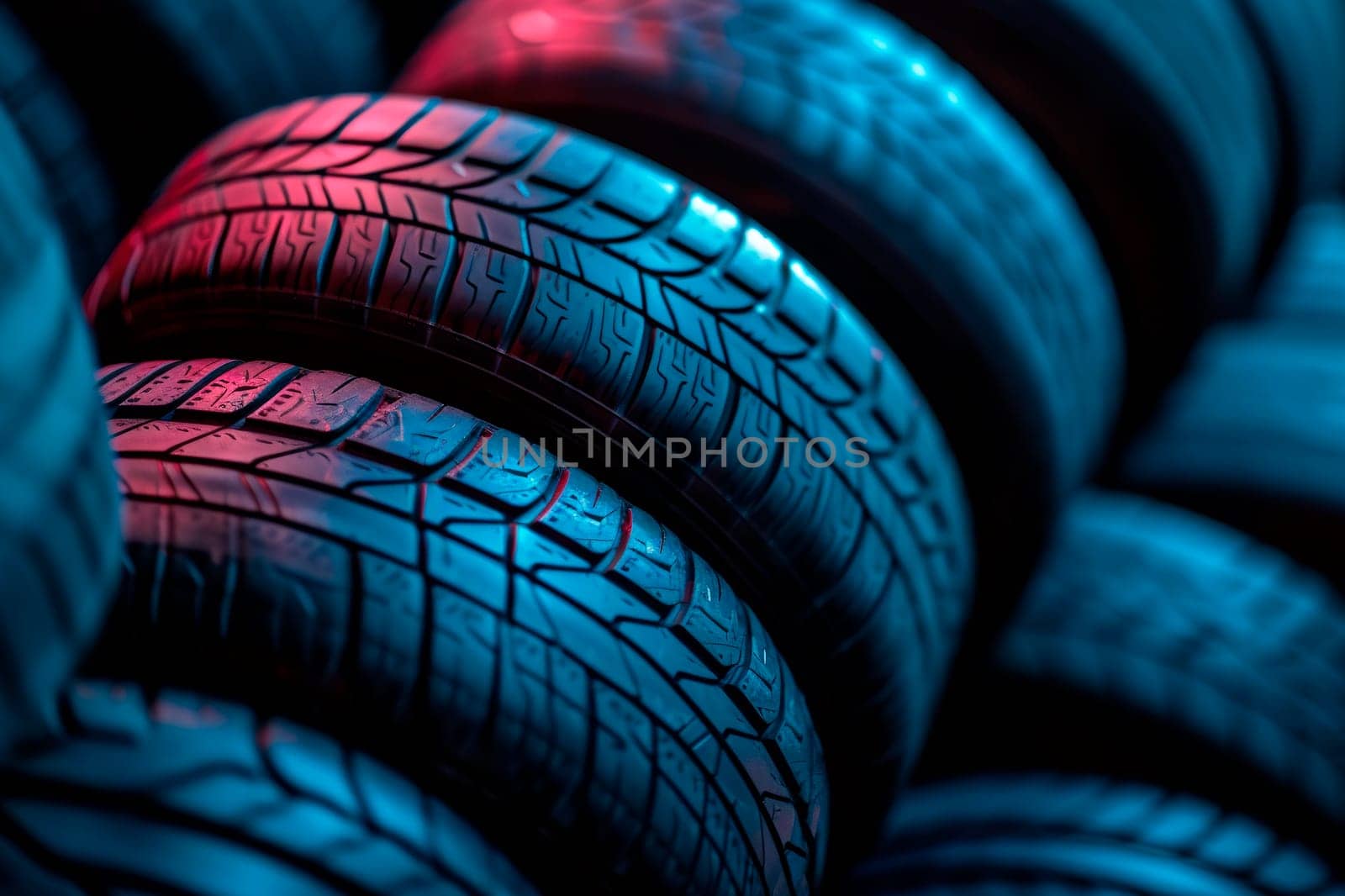 Group of car tires, close up view. AI generated