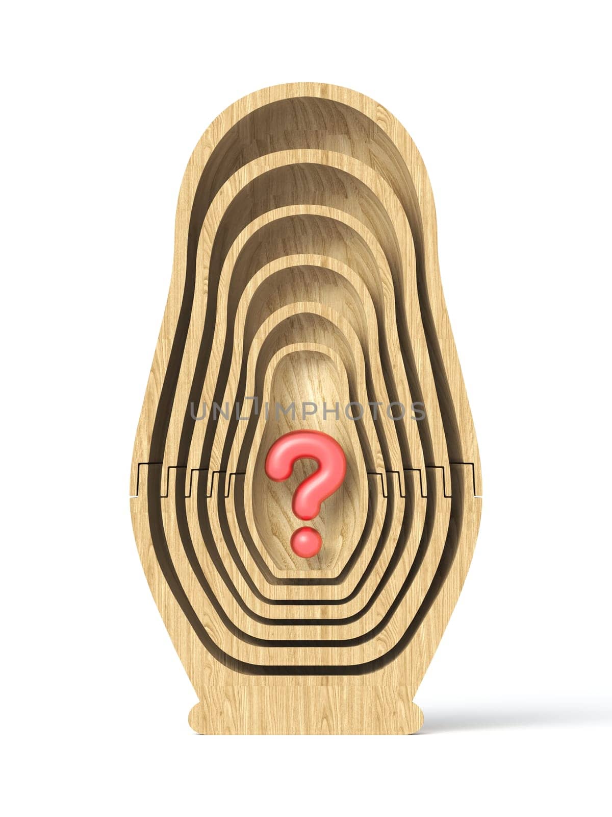 Wooden matryoshka with question mark inside 3D rendering illustration isolated on white background