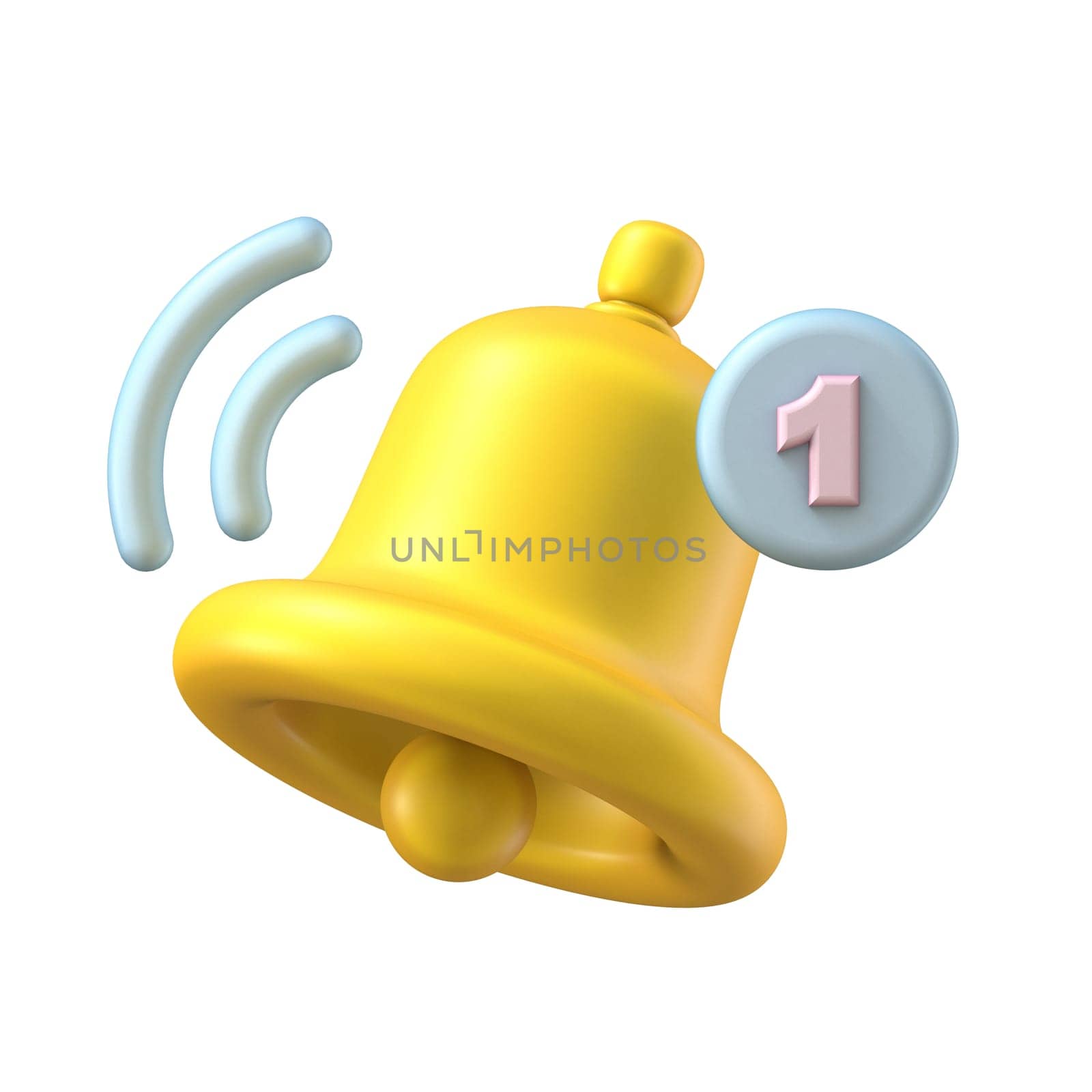 Notification bell number one badge 3D rendering illustration isolated on white background