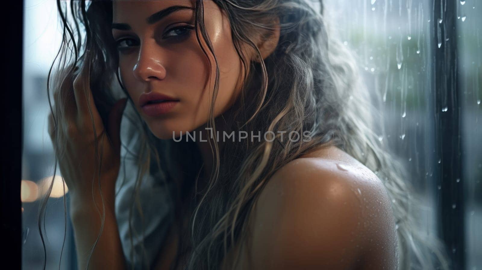 Attractive woman posing against a wet window with rain drops. artificial art